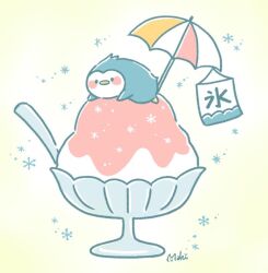 Rule 34 | animal focus, beak, bird, black eyes, blush stickers, chara chara makiato, commentary request, food, food focus, glass, lying, no humans, on stomach, original, outline, oversized food, oversized object, penguin, shaved ice, signature, snowflakes, solid circle eyes, solo, spoon, tag, umbrella, white outline, yellow background