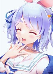 Rule 34 | 1girl, :d, blue hair, carrot hair ornament, closed eyes, collar, collarbone, food-themed hair ornament, hair ornament, highres, hololive, kumono ame, looking at viewer, open mouth, short eyebrows, short hair, simple background, smile, solo, upper body, usada pekora, usada pekora (casual), virtual youtuber, white background