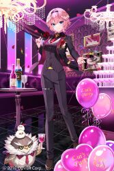 Rule 34 | 1girl, balloon, black hairband, black jacket, black pants, black shirt, black vest, blue eyes, bottle, brown footwear, champagne tower, chandelier, closed mouth, collared shirt, commentary request, commission, copyright notice, couch, feathered wings, flower, formal, ganmo (takane lui), goroo (eneosu), hair between eyes, hairband, head wings, heart balloon, highres, holding, holding flower, hololive, indoors, jacket, nail polish, necktie, official art, open clothes, open jacket, pant suit, pants, petals, picture frame, pink hair, pink nails, pink wings, red flower, red necktie, red rose, rose, rose petals, shirt, shoes, short hair, smile, standing, striped clothes, striped vest, suit, table, takane lui, v-shaped eyebrows, vertical-striped clothes, vertical-striped vest, vest, virtual youtuber, window, wings