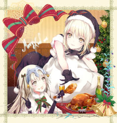 Rule 34 | 2016, 2girls, alcohol, artoria pendragon (all), artoria pendragon (fate), bad id, bad pixiv id, bauble, bell, black gloves, black legwear, black santa costume, blonde hair, bottle, capelet, champagne, champagne bottle, chicken (food), christmas ornaments, christmas tree, commentary, eating, elbow gloves, fate/grand order, fate (series), food, food on face, framed, fur trim, glass, gloves, green ribbon, hair between eyes, hair ribbon, hat, headpiece, holding, holding food, holly, indoors, jeanne d&#039;arc (fate), jeanne d&#039;arc (ruler) (fate), jeanne d&#039;arc alter (fate), jeanne d&#039;arc alter santa lily (fate), kinokohime, kinokohime (mican02rl), leaning on object, long hair, looking at another, merry christmas, mistletoe, multiple girls, open mouth, pantyhose, pointing, pointing up, red ribbon, ribbon, saber (fate), saber alter, sack, santa alter, santa costume, santa hat, short hair with long locks, smile, striped ribbon, teeth, yellow eyes
