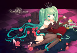 Rule 34 | 1girl, aqua hair, bad id, bad pixiv id, blue eyes, breasts, cleavage, collar, crown, cuteg, dress, elbow gloves, flower, food, garter belt, gloves, hatsune miku, high heels, long hair, open shoes, rose, sandals, scepter, shoes, single shoe, solo, thighhighs, vocaloid, world is mine (vocaloid)