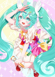 Rule 34 | 1girl, :3, absurdres, blue eyes, blue hair, blush, bracelet, dress, footwear ribbon, full body, hair ornament, hairclip, hand up, hatsune miku, highres, holding, holding microphone, jewelry, long hair, looking at viewer, microphone, musical note, open mouth, pom pom (clothes), puzzle piece print, rooibos, short sleeves, smile, solo, staff (music), twintails, very long hair, vocaloid