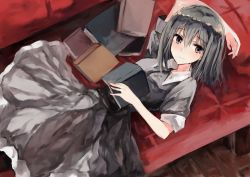 Rule 34 | 1girl, arm up, black dress, black hair, blush, book, closed mouth, collared dress, couch, dress, dutch angle, from above, grey dress, hair between eyes, head tilt, highres, kinona, long hair, looking at viewer, looking up, lying, on back, on couch, open book, original, puffy short sleeves, puffy sleeves, purple eyes, short hair, short sleeves, smile, solo