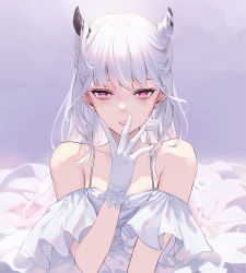Rule 34 | 1girl, aztodio, bare shoulders, black horns, commentary, dress, frilled dress, frills, gloves, hand up, highres, horns, lips, long hair, looking at viewer, off-shoulder dress, off shoulder, original, parted lips, pink hair, slit pupils, solo, upper body, white gloves, white hair