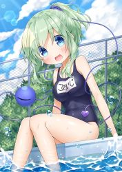 Rule 34 | 1girl, :d, alternate hairstyle, anzu ame, arm support, bare shoulders, blue eyes, blue one-piece swimsuit, blue sky, blush, breasts, chain-link fence, cloud, cloudy sky, commentary request, cowboy shot, day, fence, green hair, heart, komeiji koishi, lens flare, looking at viewer, medium breasts, medium hair, name tag, old school swimsuit, one-piece swimsuit, open mouth, outdoors, ponytail, pool, poolside, school swimsuit, sidelocks, sitting, sky, smile, soaking feet, solo, splashing, swimsuit, third eye, touhou, water, water drop, wet