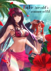 Rule 34 | 2girls, alternate hairstyle, bikini, bracelet, breasts, clenched teeth, day, english text, eyewear on head, fate/grand order, fate (series), flower, hair flower, hair intakes, hair ornament, hair over one eye, hibiscus, highres, jacket, jewelry, kunai, large breasts, bridal garter, light rays, long sleeves, looking at viewer, looking to the side, multiple girls, oda nobunaga (fate), oda nobunaga (maou avenger) (fate), outdoors, peperon (peperou), pink bikini, ponytail, purple bikini, purple hair, purple sarong, red eyes, red hair, sarong, scathach (fate), scathach (fate), scathach (swimsuit assassin) (fate), smile, sparkle, sunbeam, sunglasses, sunlight, swimsuit, teeth, weapon