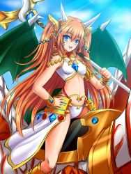 Rule 34 | 1girl, :d, armlet, blue eyes, blush, bracelet, dragon girl, dragon horns, dragon tail, dragon wings, earrings, hair ornament, hand on own hip, hijikawa arashi, horns, jewelry, long hair, looking at viewer, navel, open mouth, orange hair, over shoulder, panties, pointy ears, riding, shironeko project, smile, solo, staff, sunlight, tail, tetra (shironeko project), two side up, underwear, weapon, weapon over shoulder, white panties, wings