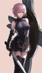 Rule 34 | 1girl, :d, absurdres, arm guards, armor, armored boots, bare shoulders, black footwear, blush, boots, breasts, brown background, buckle, cowboy shot, elbow pads, fang, fate/grand order, fate (series), faulds, hair over one eye, highres, holding, holding sword, holding weapon, looking at viewer, mash kyrielight, medium breasts, milu (pixiv8523021), open mouth, pink hair, purple eyes, shield, short hair, simple background, smile, solo, standing, sword, thigh boots, thighhighs, weapon, wrist guards