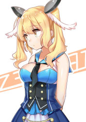 Rule 34 | aer (tengqiu), arms behind back, blonde hair, blue dress, breasts, cowboy shot, dress, hair ornament, highres, looking to the side, necktie, twintails, warship girls r, yellow eyes, z31 (warship girls r)