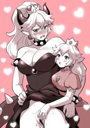 Rule 34 | 2girls, bar censor, blonde hair, blush, bowsette, breasts, censored, cleavage, collar, crown, dress, earrings, embarrassed, fingering, genderswap, genderswap (mtf), gloves, heart, height difference, horns, jewelry, large breasts, long hair, mario (series), multiple girls, new super mario bros. u deluxe, nintendo, nose blush, open mouth, ponytail, princess peach, pussy, size difference, super crown, sweat, tail, thick eyebrows, thick thighs, thighs, tiara, toroi (run01211), yuri