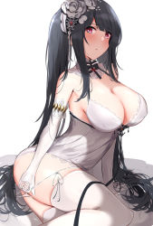 Rule 34 | 1girl, azur lane, bare shoulders, blush, breasts, cleavage, collarbone, dress, highres, itete, large breasts, long hair, looking at viewer, open mouth, peter strasser (azur lane), peter strasser (a moment frozen in pure white) (azur lane), solo, thighhighs, thighs, white background, white dress, white thighhighs