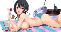 Rule 34 | 10s, 1girl, :d, arched back, ass, beach umbrella, bikini, black hair, blue bikini, breast press, breasts, colored eyelashes, drink, from side, full body, hair between eyes, happy, hobenkei, innertube, kantai collection, large breasts, lips, looking at viewer, lying, on stomach, open mouth, red eyes, short hair, sidelocks, skindentation, smile, solo, swim ring, swimsuit, takao (kancolle), thighs, tongue, topless, umbrella, untied bikini