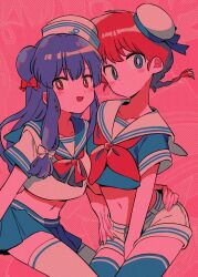 Rule 34 | 2girls, blue sailor collar, blue skirt, blush stickers, bow, breasts, hat, highres, medium breasts, menma (enaic31), multiple girls, navel, open mouth, ranma-chan, ranma 1/2, red bow, red eyes, red hair, red ribbon, ribbon, sailor collar, sailor hat, shampoo (ranma 1/2), shorts, skirt, white sailor collar, white shorts