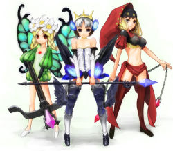 Rule 34 | 3girls, armor, armored dress, bare shoulders, blonde hair, bow (weapon), braid, breasts, butterfly wings, crossbow, dress, fairy, flower, gasketsu, gwendolyn (odin sphere), hair flower, hair ornament, highres, insect wings, medium breasts, mercedes (odin sphere), midriff, multiple girls, navel, nipples, no bra, no panties, odin sphere, pointy ears, polearm, puff and slash sleeves, puffy sleeves, purple eyes, red eyes, see-through, spear, strapless, strapless dress, thighhighs, twin braids, valkyrie, velvet (odin sphere), weapon, white background, white hair, wings