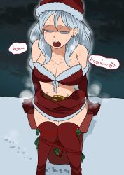 Rule 34 | 1girl, absurdres, biku, breasts, chimney, christmas, cleavage, clothes lift, elbow gloves, gloves, highres, large breasts, long hair, open mouth, panties, panties around leg, panty pull, pee stain, peeing, red gloves, red panties, red thighhighs, relief, santa costume, silver hair, sitting, skirt, skirt lift, snow, solo, sparkle, sweat, thighhighs, underwear