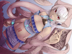Rule 34 | 1girl, belt bra, bracelet, breasts, cleavage, detached collar, dutch angle, covered erect nipples, groin, jewelry, large breasts, megurine luka, midriff, miniskirt, monster girl, open mouth, pink hair, red eyes, skirt, squid, stregoicavar, tentacles, thighhighs, unzipped, vocaloid, zettai ryouiki