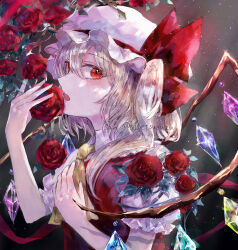 Rule 34 | 1girl, absurdres, ascot, blonde hair, crystal wings, flandre scarlet, flower, from side, hat, hat ribbon, highres, mob cap, puffy short sleeves, puffy sleeves, red eyes, red flower, red ribbon, red rose, red vest, ribbon, rose, shirt, short sleeves, solo, suzushina, touhou, vest, white hat, white shirt, yellow ascot