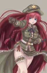 Rule 34 | 1girl, beret, blue eyes, braid, breasts, female focus, foreshortening, gloves, hat, highres, hong meiling, long hair, military, military uniform, panzer (p.z), red hair, simple background, skirt, solo, touhou, twin braids, uniform, very long hair