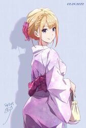 Rule 34 | 1girl, back bow, bag, blonde hair, bow, braid, breasts, closed mouth, commentary, cowboy shot, dated, dot nose, drop shadow, floral print, from behind, from side, gradient hair, grey background, hair ornament, highres, holding, holding bag, japanese clothes, kimono, long sleeves, looking at viewer, looking back, multicolored hair, nii manabu, obi, original, pink bow, pink hair, pink kimono, print kimono, purple eyes, purple kimono, sash, short hair, side braid, sidelocks, signature, simple background, single braid, small breasts, smile, solo, split mouth, wide sleeves, yellow bag