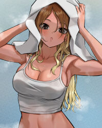 1girl :o blonde_hair blush breasts brown_hair camisole cleavage crop_top daiko_(dai1974910) drying drying_hair highres holding holding_towel idolmaster idolmaster_shiny_colors izumi_mei large_breasts long_hair looking_at_viewer solo tan towel wet wet_hair white_camisole