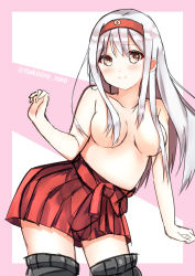 Rule 34 | 10s, 1girl, bad id, bad pixiv id, breasts, brown eyes, hair censor, hair over breasts, highres, kantai collection, long hair, shoukaku (kancolle), silver hair, sketch, skirt, solo, topless, tukisiro nao