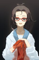 Rule 34 | 1girl, blood, blood on hands, brown eyes, brown hair, casterluex, character request, coat, glasses, hand on hand, highres, lab coat, long hair, long sleeves, open mouth, red-framed eyewear, shokei shoujo no virgin road, solo, star-shaped pupils, star (symbol), symbol-shaped pupils, upper body, white coat