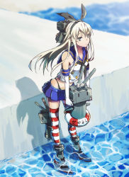 Rule 34 | 10s, 1girl, :3, blonde hair, blue eyes, boots, caustics, dress, elbow gloves, gloves, hairband, innertube, kantai collection, long hair, machinery, personification, rensouhou-chan, sailor dress, school uniform, serafuku, shadow, shimakaze (kancolle), solo, striped clothes, striped thighhighs, swim ring, thighhighs, wading, water, yurossan