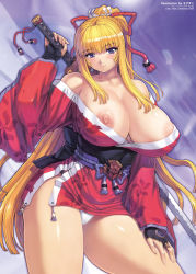 Rule 34 | 1girl, bare shoulders, blonde hair, blue eyes, breasts, clothes down, comic unreal, covered erect nipples, curvy, dress, fingerless gloves, gloves, highres, huge breasts, japanese clothes, jewelry, kimono, large breasts, long hair, mogudan, nipple slip, nipples, off shoulder, panties, ponytail, puffy nipples, purple eyes, ribbon, short dress, short kimono, sidelocks, smile, solo, sword, underwear, very long hair, weapon