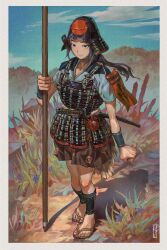 Rule 34 | 1girl, arm at side, arm guards, armor, banner, black hair, border, check copyright, chin strap, copyright request, day, full body, grass, hand up, helmet, highres, holding, holding polearm, holding weapon, japanese armor, japanese clothes, kabuto (helmet), katana, kimono, kinchaku, long hair, looking at viewer, low ponytail, nature, original, outdoors, polearm, ponytail, pouch, road, sandals, shadow, shin guards, short kimono, short sleeves, short sword, sky, smile, solo, standing, stone lantern, sword, takahito, weapon, zouri