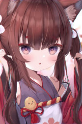 Rule 34 | 1girl, adjusting hair, amagi-chan (azur lane), animal ears, azur lane, blurry, brown hair, commentary request, depth of field, detached sleeves, fox ears, grey eyes, highres, irokari, japanese clothes, long hair, looking at viewer, manjuu (azur lane), parted lips, sidelocks, simple background, solo, thick eyebrows, twintails, white background