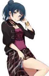 Rule 34 | 1girl, bad id, bad pixiv id, black choker, black jacket, blue hair, bracelet, breasts, choker, cleavage, clothes around waist, clothes lift, denim, denim shorts, hair bun, hand in own hair, highres, icehotmilktea, jacket, jewelry, looking at viewer, love live!, love live! school idol festival, love live! sunshine!!, medium breasts, parted lips, plaid, plaid shirt, print shirt, purple eyes, purple shirt, shirt, shirt around waist, short shorts, shorts, side bun, side ponytail, simple background, single side bun, skirt, skirt lift, solo, tsushima yoshiko, white background