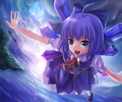 Rule 34 | 1girl, :d, ahoge, blue dress, blue eyes, blue hair, bow, cirno, dress, flying, hair bow, k-sk style, lens flare, applying manicure, matching hair/eyes, nail polish, ocean, open mouth, outstretched arms, short hair, smile, solo, spread arms, touhou, wings
