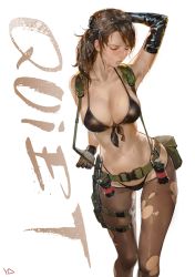 Rule 34 | 1girl, arm up, bad anatomy, belt, bikini, breasts, brown hair, character name, cleavage, closed eyes, english text, explosive, front-tie bikini top, front-tie top, gloves, grenade, holster, knife, large breasts, lowleg, lowleg pantyhose, metal gear (series), metal gear solid, metal gear solid v: the phantom pain, navel, pantyhose, pantyhose under swimsuit, ponytail, pouch, quiet (metal gear), solo, suspenders, swimsuit, text background, thigh holster, torn clothes, torn pantyhose, yd (orange maru)