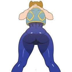 Rule 34 | 1girl, 2022, animated, animated gif, arms behind head, ass, ass focus, back, blue bodysuit, bodysuit, bouncing ass, brown hair, cameltoe, capcom, chun-li, cleft of venus, commentary, cropped vest, double bun, english commentary, exercising, feet out of frame, female focus, from behind, from below, hair bun, huge ass, krezniverse, looking ahead, official alternate costume, pov, simple background, skin tight, sleeveless, solo, squatting, street fighter, street fighter zero, thick thighs, thighs, vest, white background, wide hips