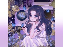 Rule 34 | 1girl, animification, black eyes, black hair, blush, collarbone, dress, flower, hair behind ear, highres, k-pop, kyujin (nmixx), leaf, looking at viewer, nmixx, o bianyi didi shu o, parted lips, party o&#039;clock (nmixx), phonograph, pillarboxed, purple flower, real life, sitting, solo, song name, turntable, white dress, window (computing)