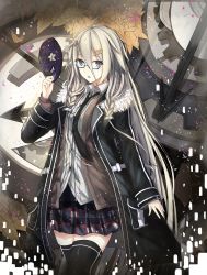 Rule 34 | 1girl, a5125924, bad id, bad pixiv id, bespectacled, black thighhighs, blue-framed eyewear, blue eyes, collared shirt, cowboy shot, echj, fur trim, gears, glasses, hair between eyes, hair ornament, hairclip, hood, hooded jacket, ia (vocaloid), jacket, long hair, long sleeves, looking at viewer, mask, unworn mask, necktie, open clothes, open jacket, parted lips, plaid, plaid skirt, pleated skirt, semi-rimless eyewear, shirt, silver hair, skirt, solo, thighhighs, under-rim eyewear, very long hair, vocaloid, zettai ryouiki