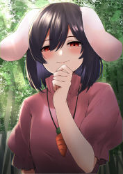 Rule 34 | 1girl, absurdres, animal ears, bamboo, bamboo forest, black hair, blush, carrot necklace, closed mouth, dress, forest, hair between eyes, highres, inaba tewi, keenii (kenny86), looking at viewer, nature, necklace, pink dress, puffy short sleeves, puffy sleeves, rabbit ears, red eyes, short hair, short sleeves, smile, solo, touhou, upper body
