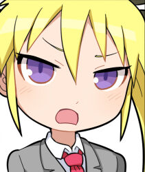 Rule 34 | 1girl, blazer, blonde hair, collared shirt, commentary request, grey jacket, hair between eyes, hospital king, jacket, kill me baby, long bangs, long hair, looking at viewer, necktie, open mouth, portrait, purple eyes, red necktie, shirt, simple background, solo, sonya (kill me baby), v-shaped eyebrows, white background, white shirt
