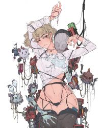 Rule 34 | 1girl, arms up, black legwear, black panties, grabbing another&#039;s breast, breasts, cowboy shot, earrings, elliemaplefox, grabbing, grabbing from behind, hand under clothes, highres, jewelry, large breasts, light brown hair, mechanical arms, navel, original, panties, robot, see-through, see-through shirt, tattoo, thighhighs, underwear, white background