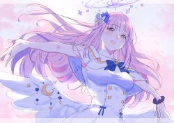 Rule 34 | 1girl, blue archive, blush, breasts, commentary, dress, flower, hair flower, hair ornament, halo, high collar, highres, kuziaaizuk, long hair, looking at viewer, medium breasts, mika (blue archive), open mouth, outstretched arms, pink hair, scrunchie, smile, solo, upper body, white dress, wings, wrist scrunchie, yellow eyes