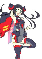 Rule 34 | 1girl, armpits, boots, covered navel, flat chest, flat color, g gundam, green eyes, gundam, head tilt, highres, i.takashi, looking at viewer, master gundam, mecha musume, mechanical wings, personification, science fiction, short eyebrows, solo, thigh boots, thighhighs, twintails, v-shaped eyebrows, white background, wings