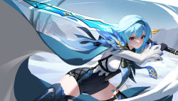 Rule 34 | 1girl, absurdres, bare tree, black gloves, black hairband, black shorts, black thighhighs, blue hair, blue necktie, brown eyes, closed mouth, day, eula (genshin impact), fighting stance, genshin impact, gloves, greatsword, hairband, high-waist shorts, highres, holding, holding sword, holding weapon, long sleeves, looking at viewer, medium hair, necktie, outdoors, short hair, shorts, snow, solo, starlab, sword, thighhighs, tree, underbust, v-shaped eyebrows, vision (genshin impact), weapon, winter