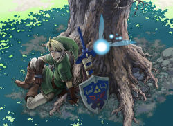 Rule 34 | 1boy, armor, beco, blonde hair, blue eyes, chainmail, earrings, fairy, gloves, green shirt, hat, hylian shield, jewelry, link, male focus, master sword, navi, nintendo, pointy ears, revision, shield, shirt, solo, sword, the legend of zelda, the legend of zelda: ocarina of time, triforce, weapon