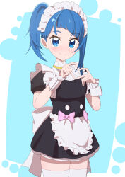 Rule 34 | 1girl, absurdres, alternate costume, apron, back bow, black dress, bow, closed mouth, commentary, cowboy shot, cut bangs, dress, enmaided, frilled apron, frills, heart, heart hands, high collar, highres, hirogaru sky! precure, large bow, light blush, looking at viewer, maid, maid headdress, medium hair, precure, shiro shiki, short dress, side ponytail, smile, solo, sora harewataru, standing, thighhighs, waist apron, white apron, white bow, white thighhighs, wrist cuffs