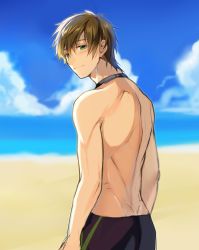 Rule 34 | 10s, 1boy, beach, brown hair, free!, goggles, goggles around neck, green eyes, looking back, male focus, nonhomo gyunyu, topless male, short hair, smile, solo, swimsuit, tachibana makoto