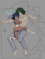 Rule 34 | 10s, 1boy, 1girl, abs, barefoot, bed, black hair, blanket, closed eyes, from above, green hair, streaked hair, highres, jewelry, kill la kill, lying, mankanshoku mako, matoi ryuuko, midriff, multicolored hair, muscular, necklace, pajamas, pillow, sanageyama99, sanageyama uzu, topless male, short hair, size difference, sleeping, stuffed animal, stuffed toy, thought bubble, translation request, two-tone hair
