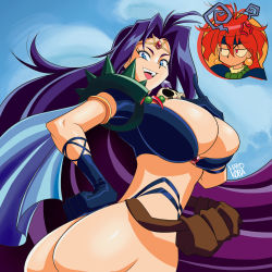 Rule 34 | 1990s (style), 2girls, angry, armband, armor, ass, belt, bikini, black bra, black gloves, black panties, blue eyes, bra, breast suppress, breasts, cape, capelet, gloves, hand on own hip, hardkoba, headband, highres, jewelry, large breasts, laughing, lina inverse, long hair, looking at another, looking at viewer, looking up, multiple girls, naga the serpent, necklace, panties, parted bangs, pauldrons, purple hair, retro artstyle, revealing clothes, shoulder armor, skull, skull necklace, sky, slayers, solo, spiked armor, spikes, swimsuit, underwear