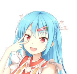 Rule 34 | 1girl, :d, blue hair, blush, commentary request, copyright request, fang, hair between eyes, hair ornament, hair ribbon, hairclip, han (hehuihuihui), hand up, long hair, looking at viewer, open mouth, red eyes, red shirt, ribbon, shirt, simple background, sleeveless, sleeveless shirt, smile, solo, two side up, v over eye, white background, white ribbon