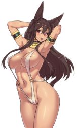 Rule 34 | 1girl, animal ears, anubis (houtengeki), anubis (mythology), armlet, armpits, arms up, bikini, blush, breasts, brown hair, covered erect nipples, cowboy shot, egyptian, highres, houtengeki, jewelry, large breasts, long hair, looking at viewer, lots of jewelry, navel, o-ring, o-ring bikini, open mouth, original, red eyes, simple background, slingshot swimsuit, solo, strap gap, swimsuit, usekh collar, white background