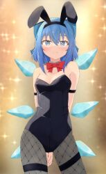 Rule 34 | 1girl, animal ears, armlet, arms behind back, black leotard, black pantyhose, blue bow, blue eyes, blue hair, blush, bow, bowtie, breasts, bright pupils, cirno, closed mouth, commentary request, cowboy shot, detached collar, fake animal ears, fishnet pantyhose, fishnets, hair bow, ice, ice wings, leotard, looking at viewer, medium hair, mizune (winter), orange background, pantyhose, playboy bunny, rabbit ears, small breasts, solo, strapless, strapless leotard, touhou, white pupils, wings